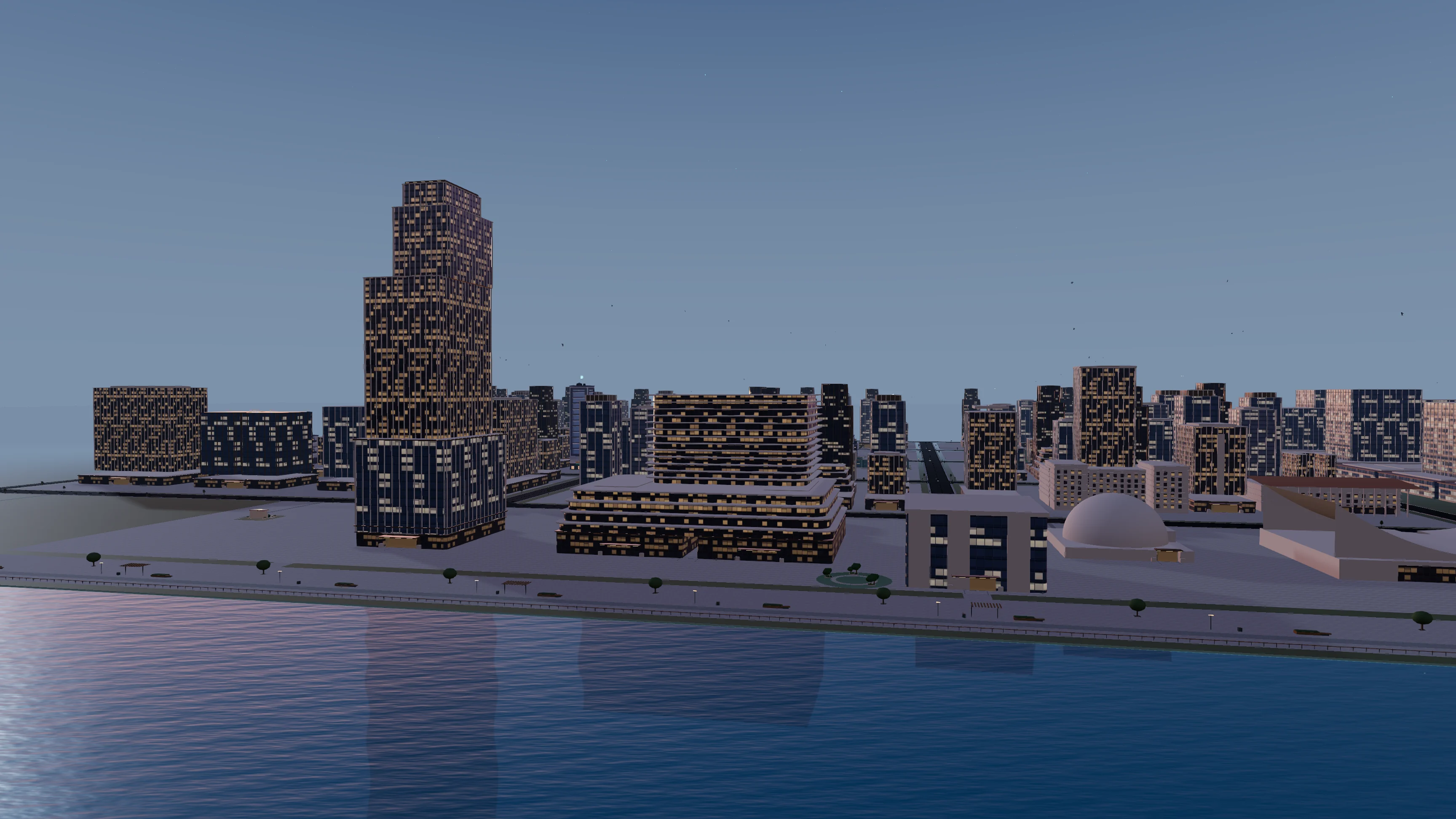 Tsim Sha Tsui waterfront at dusk, with illuminated towers, terraced buildings, a domed museum and harbour reflections.
