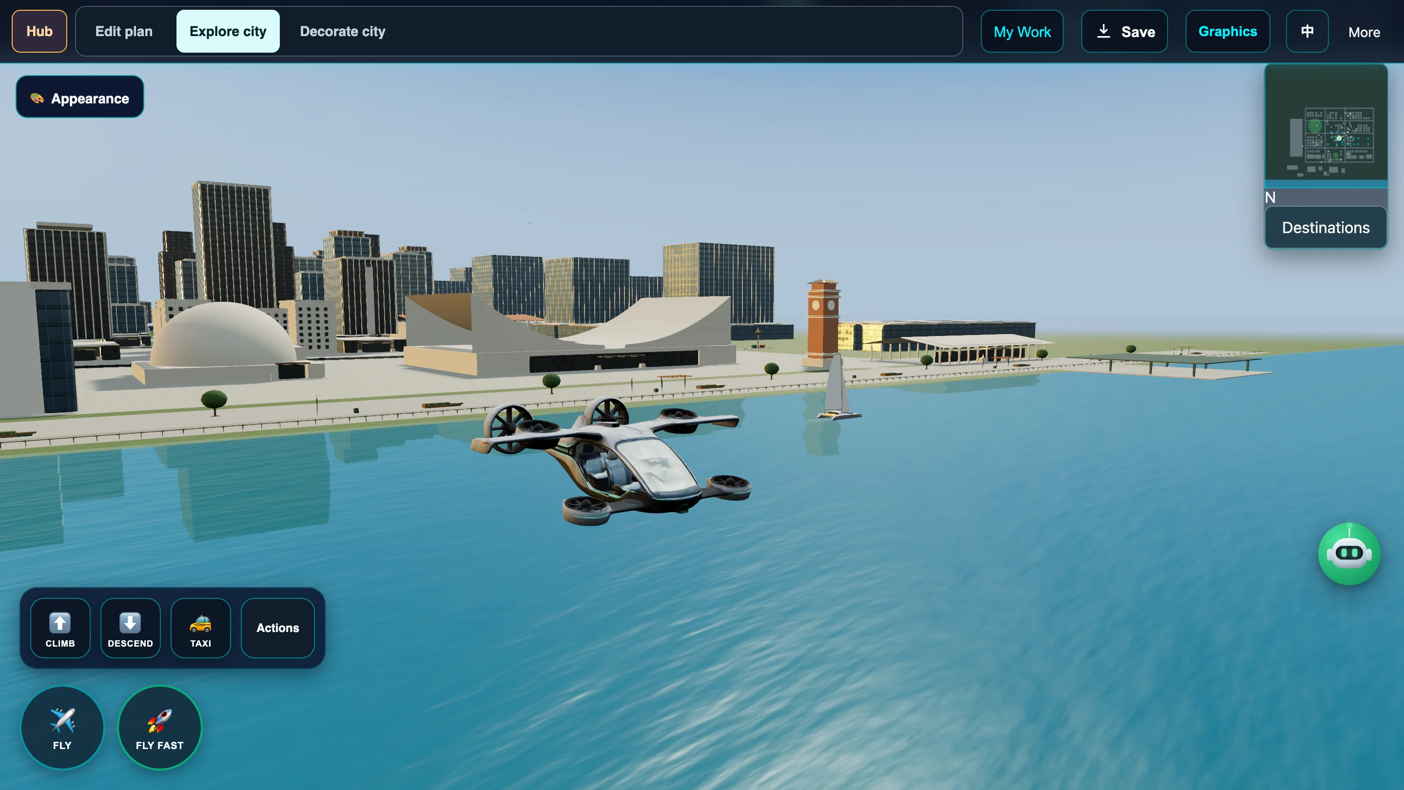 A flying taxi above Victoria Harbour, with Tsim Sha Tsui landmarks, a sailboat and the City exploration controls.