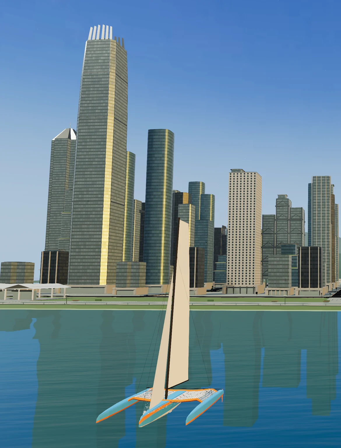 A sailboat on the water in front of Passiona AI City’s island skyline
