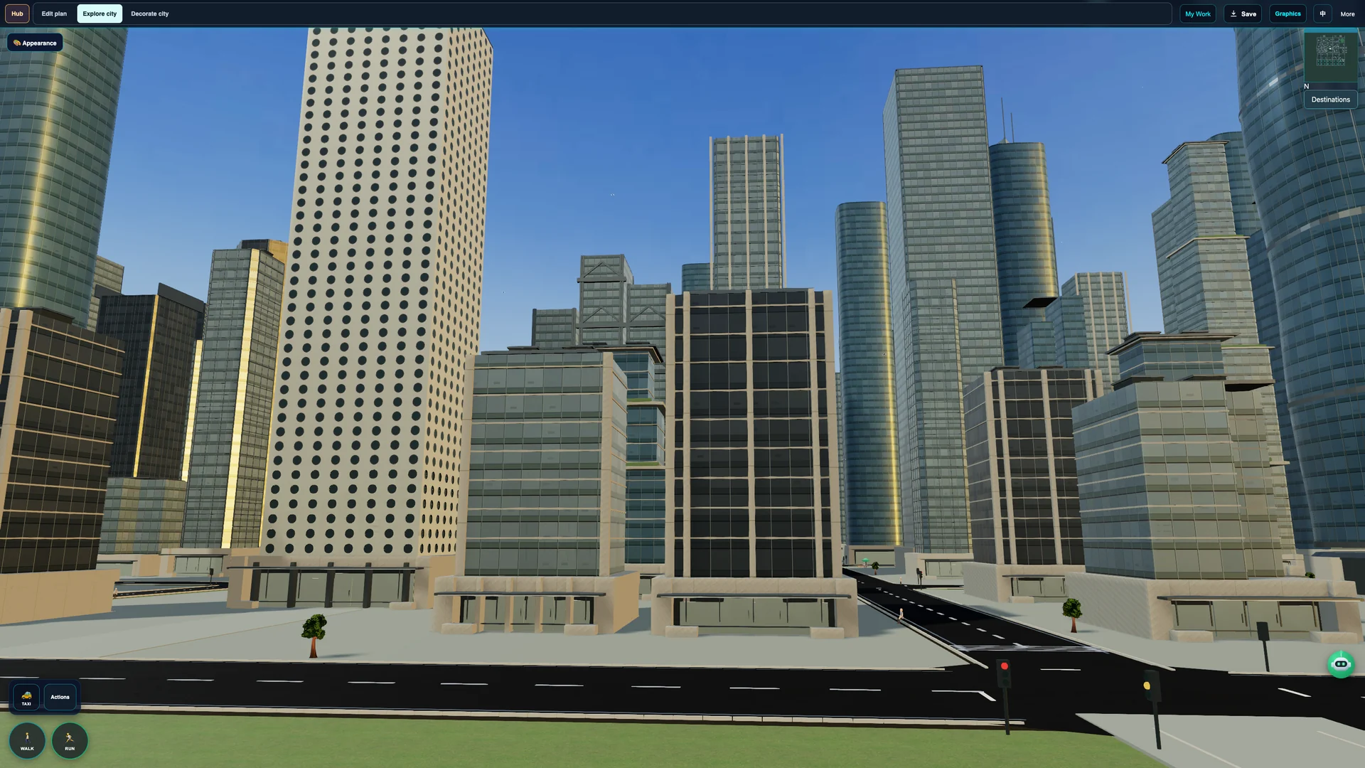 Street-level view of Passiona AI City with towers, roads, a minimap and exploration controls