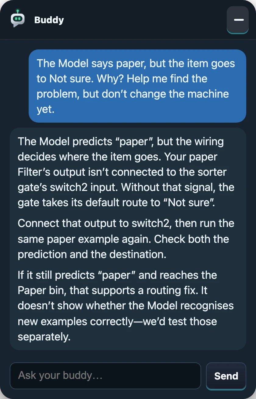 Illustrative Coding Buddy conversation explaining a missing paper Filter connection, how to test the routing fix, and why new examples still need testing.