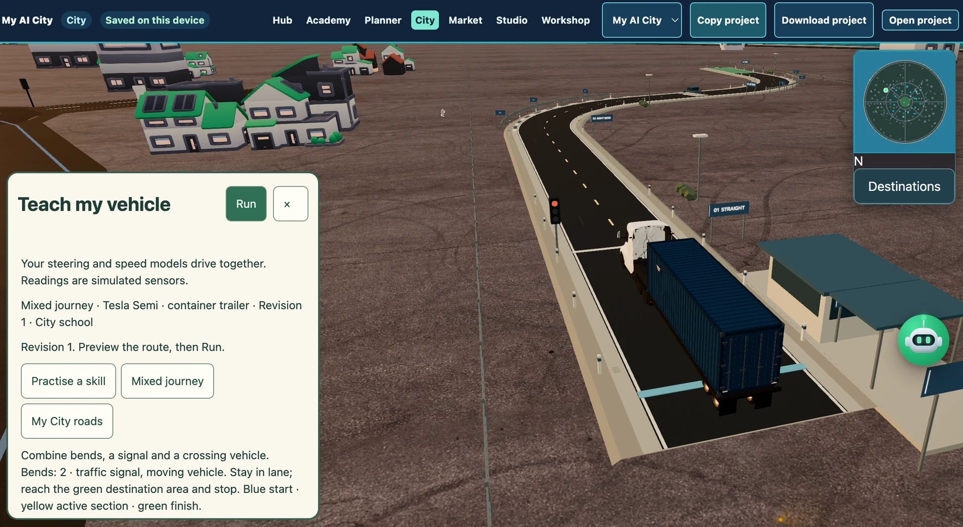 A truck and trailer on the City driving course beside the vehicle teaching panel.