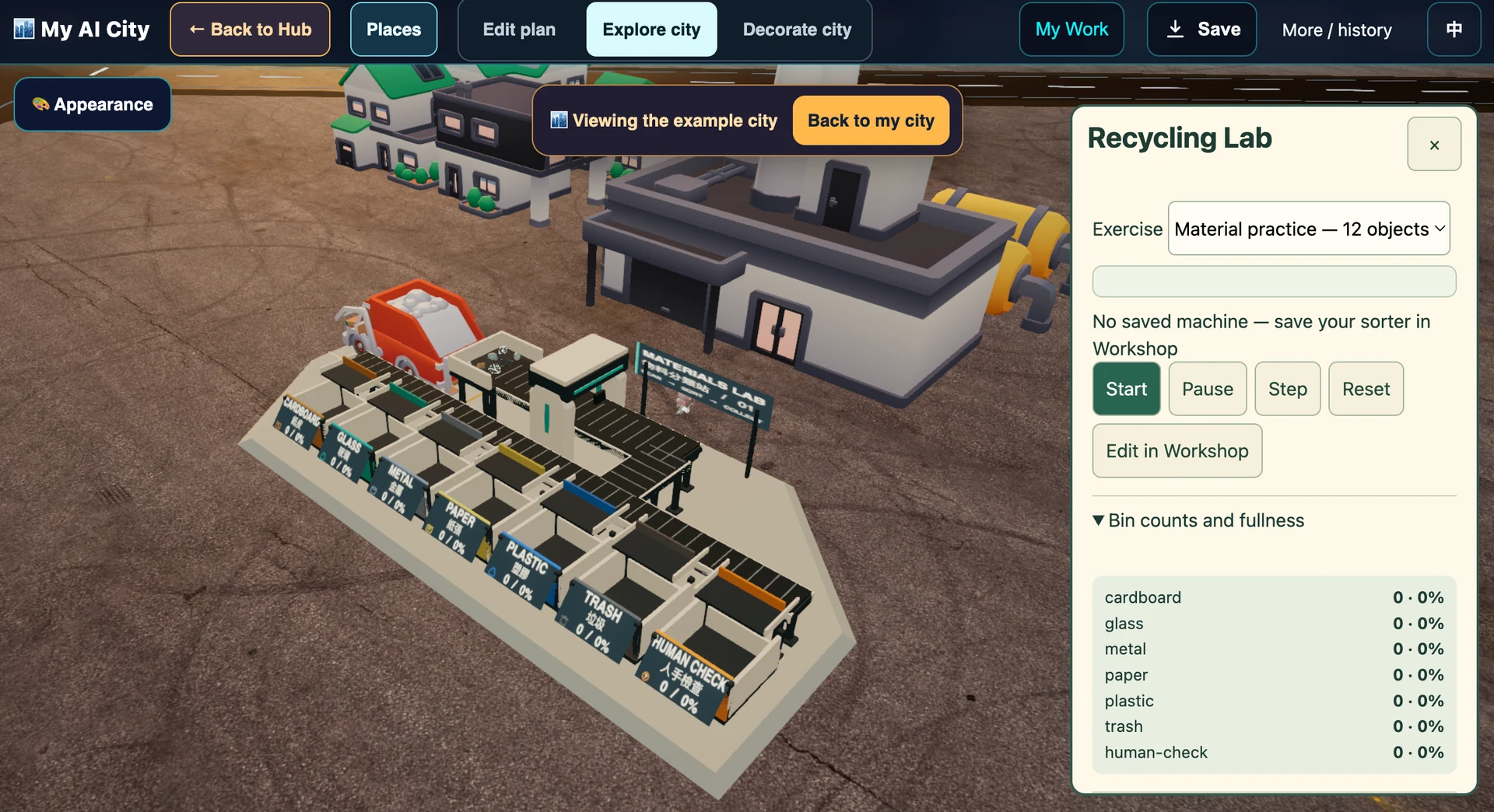 The City Recycling Lab with a conveyor, labelled material bins and a human-check bin beside the trial controls.